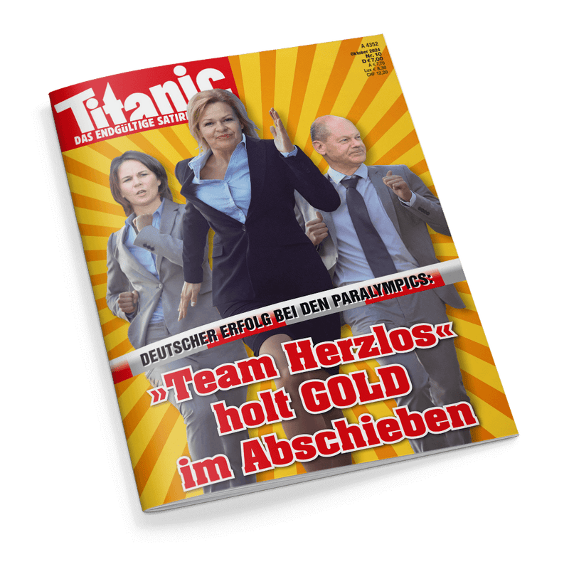 Titelseite der Satirezeitschrift „Titanic“, Ausgabe Oktober 2024, mit dem Schriftzug „Titanic – Das endgültige Satiremagazin“ oben links auf rotem Hintergrund; darunter drei laufende Personen in Businesskleidung vor gelbem Strahlenhintergrund, Bildunterschrift: „Deutscher Erfolg bei den Paralympics: Team Herzlos holt GOLD im Abschieben“ in Schwarz, Weiß, Rot und Gelb.