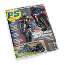 Titelbild des Motorradmagazins „PS sport motorrad magazin“ mit zwei männlichen Fahrern auf sportlichen Motorrädern in Schräglage, rotem Hintergrund und gelbem, weißem und blauem Textlayout. Hauptüberschriften: „Italiens neue V4-Hämmer“, „Vergleichstest Power-Nakeds“. Sichtbare Modelle: Ducati Streetfighter V4 S, Aprilia Tuono V4 Factory, BMW S 1000 R, Triumph Speed Triple 1200 RS.