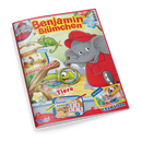 Titelbild des Kindermagazins „Benjamin Blümchen“ mit gezeichnetem Elefanten in roter Kleidung und Mütze, der mit einer Lupe ein grünes Chamäleon betrachtet. Bunte Aufschriften: „Gemüse-Snacks“, „So sehen Tiere“, „Doras Rechenpyramide“ und „Ein fliegendes Chamäleon“. Hintergrund mit Dschungelmotiv, Holzzweig und tropischen Pflanzen, Logo „Blue Ocean“ unten links.