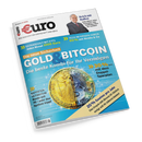 Titelblatt des Magazins „€uro – Das Magazin für Wirtschaft und Geld“, Ausgabe 6/2025, mit hellblauem Hintergrund. Oben rechts ein älterer Mann im grauen Anzug mit verschränkten Armen, daneben Überschrift „Reich mit Buffett“. Zentral große Schrift „Die neue Sicherheit GOLD & BITCOIN – Die beste Kombi für Ihr Vermögen“ über einem grafischen Motiv einer halb goldfarbenen, halb silber-blauen Münze, Textfelder zu ETF-Tipps, Krisen-Check, Renten und Sparplanen.