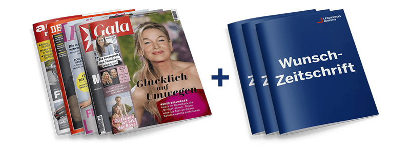 Fünf nebeneinander gefächerte Zeitschriften, darunter sichtbar „Gala“, „Stern“, „Für Sie“, „Der Spiegel“ und „Auto Motor und Sport“ mit farbig gestalteten Covern; daneben drei blaue Magazine mit weißer Aufschrift „Wunsch-Zeitschrift“ und kleinem Logo „Leserkreis Daheim“ in der oberen rechten Ecke, mittig dazwischen ein Pluszeichen.