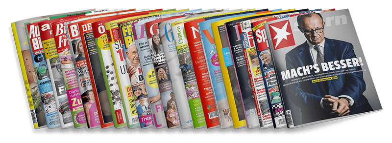 Überlappende Reihe aus 20 verschiedenfarbigen, leicht gefächert angeordneten Zeitschriften mit sichtbaren Titelseiten und Hochformat; rechts außen das Magazin „Stern“ mit einem älteren, dunkel gekleideten Mann in Anzug und Brille, darauf Textelement „MACH’S BESSER!“ in Großbuchstaben; links daneben diverse nicht im Detail erkennbare Magazine.