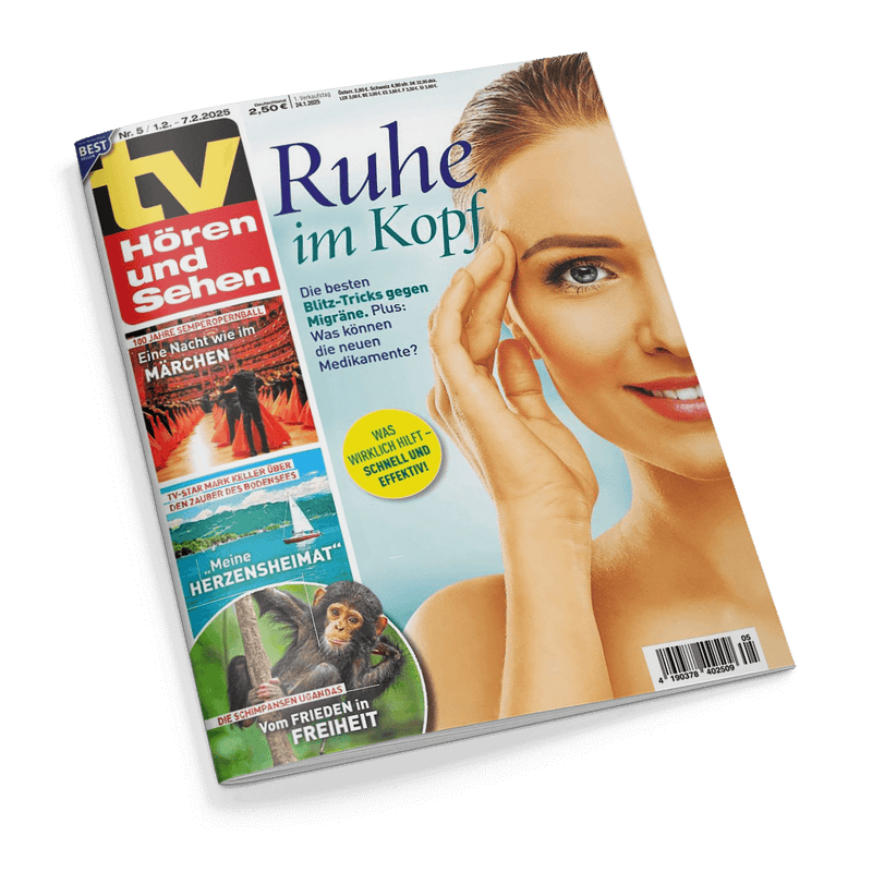 Titelbild der Zeitschrift „TV Hören und Sehen“, Ausgabe Nr. 5, mit großflächigem Porträt einer lächelnden Frau, die sich mit zwei Fingern an die Schläfe fasst, daneben Titeltext „Ruhe im Kopf“ und Unterzeile „Die besten Blitz-Tricks gegen Migräne“, gelber Kreis mit Text „Was wirklich hilft – schnell und effektiv“, links weitere Beiträge u. a. über Semperoper-Ballett, TV-Star Mark Keller, Schimpansen in Uganda und Segelszene mit Schriftzug „…Meine HERZENSHEIMAT“.