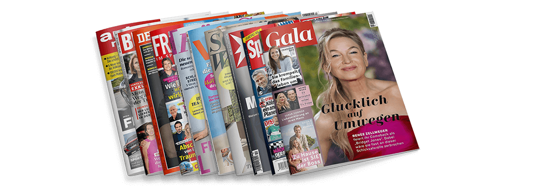 Zehn bunt gestaltete Illustrierte stehen fächerförmig nebeneinander, vorn eine Ausgabe der „Gala“ mit großem Porträt einer lächelnden, hellblonden Frau vor unscharfem Hintergrund; Titel: „Glücklich auf Umwegen“ mit rotem Kasten „RENÉE ZELLWEGER feiert ihr Comeback“ sowie kleinere Texte wie „Zu Hause ist SIE der Boss“ und „Sie krempelt das Familienleben um“. Die anderen Titel sind: "Auto Motor und Sport", "Bunte", "Der Spiegel", "Frau im Spiegel", Für Sie, "Schöner Wohnen", "Sport Bild", "Stern", "Vital".