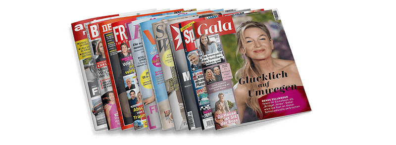 Zehn bunt gestaltete Illustrierte stehen fächerförmig nebeneinander, vorn eine Ausgabe der „Gala“ mit großem Porträt einer lächelnden, hellblonden Frau vor unscharfem Hintergrund; Titel: „Glücklich auf Umwegen“ mit rotem Kasten „RENÉE ZELLWEGER feiert ihr Comeback“ sowie kleinere Texte wie „Zu Hause ist SIE der Boss“ und „Sie krempelt das Familienleben um“. Die anderen Titel sind: "Auto Motor und Sport", "Bunte", "Der Spiegel", "Frau im Spiegel", Für Sie, "Schöner Wohnen", "Sport Bild", "Stern", "Vital".