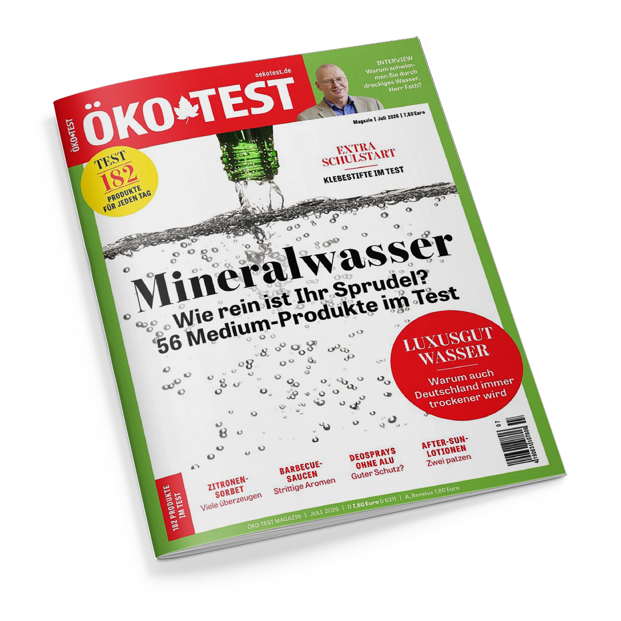 Titelblatt des Magazins „ÖKO-TEST“ mit grün-weißem Hintergrund und rotem Kopfbereich mit weißem Schriftzug. Zentral steht die Überschrift „Mineralwasser – Wie rein ist Ihr Sprudel? 56 Medium-Produkte im Test“, darüber sprudelt Wasser aus einer grünen Flasche. Aufgedruckte Texte: „Extra Schulstart – Klebestifte im Test“, „Luxusgut Wasser“, „Zitronensorbet“, „Barbecuesaucen“, „Deosprays ohne Alu“ und „After-Sun-Lotionen“.