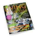 Titelbild der Zeitschrift „LIVING AT HOME“ mit großes orangefarbenem Titeltext, grüner Banderole oben links mit „25 Jahre“, Foto einer sommerlich gedeckten Gartentafel mit blau-weißem Geschirr, Glasgefäßen und Blumenarrangement in Blau, Weiß und Grün; Text-Highlights: „Sommerfrische auf dem Tisch“, „Endlich Erdbeeren“, „Outdoor-Spezial“, „Design, Kultur und Shoppingtipps“, „Köstliche Grillrezepte, Deko in Aquatönen & DIY-Ideen“.