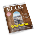 Titelbild der Sprachzeitschrift „ECOS“ aus der ZEIT-Sprachen-Reihe mit Fokus auf Spanisch, mittig ein großformatiges Foto eines steinernen Torbogens mit Blick auf die Stadt Granada; Bildunterschrift in Gelb und Weiß: „Granada – Alhambra, Tapas und Rock ’n’ Roll: Wo der Zauber nie endet“, weitere sichtbare Texte: „¡Mejor con salsa! Nuestras recetas“, „Serie: Un rival para la superheroina“, „Entrevista: Isabel Aaiún y su ‘Potra salvaje’“.