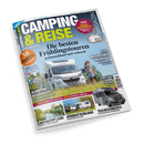 Titelblatt des Magazins „Camping & Reise“ Ausgabe 03/25 mit blauem Hintergrund, zentralem Bild eines weißen Wohnmobils der Marke „Dethleffs“ auf einer Wiese, daneben eine stehende weiblich gelesene Person in Freizeitkleidung. Textzeilen u. a.: „Die besten Frühlingstouren in Deutschland und weltweit“, „Glamping in Kärnten“, „Magisches Trentino“ und „Campingtipp Lahn“. Oben Teekessel mit Hinweis „Trend perfekt ausgerüstet“.