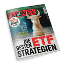 Titelblatt des Magazins „Focus Money“ mit einer weißen Schachfigur in Form eines Stierkopfs vor unscharfem Hintergrund. Auf der Titelseite stehen u. a. die Texte: „Bis 30 % Chance pro Jahr“, „So passen Sie Ihr Depot der neuen Realität an“ und in großer Schrift „Die besten ETF Strategien“. Farbschema: Schwarz, Rot, Weiß und Gelb; Magazin leicht geneigt dargestellt.