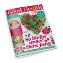 Titelbild der Zeitschrift „Good Health“, Ausgabe Nr. 5 Mai/Juni 2025, mit einer herzförmigen Anordnung aus grünen Hülsenfrüchten, Himbeeren und Blaubeeren auf weißem Untergrund; zentrale Titelzeile in großem pinkfarbenem Text: „So bleibt unser Herz jung“, weitere sichtbare Aufschriften u. a. „Straffe Oberarme mit nur kleinen Übungen“ und „Einfache Wege zu mehr Selbstwert – Kolumne von Stefanie Stahl“.