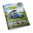 Titelbild der Zeitschrift „CamperVans“, Ausgabe 4/2025, mit dem Titelthema „Der Multivan“ und großflächigem Foto eines blauen Campingbusses mit geöffnetem Aufstelldach; ein blonder männlicher Mensch steht am Fahrzeug und bereitet eine Mahlzeit vor. Sichtbare Schlagzeilen: „TOUR DE FRANCE – Dauerbrenner: Mit dem Camper zur Tour“, „Fahrwerk-Upgrade“, „Kabeltrommeln“, „Bus-Vorzelt“, sowie drei Artikelvorschauen unten zu „Förster für Fünf“, „Sprinter ohne 4x4“ und „Mehr geht nicht“.