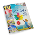 Titelblatt der Zeitschrift „tv Hören und Sehen“ mit Haupttitel „Mehr Leichtigkeit im Alltag“. Eine weiblich gelesene Person in hellblauem Kleid und gelbem Hut hält bunte Luftballons vor einer Landschaft mit bläulichen Bergen und gelbem Feld. Seitlich kleinere Titel und Bilder zu Themen wie Adler, Frühling, Vatikan und Rente, Magazinlogo oben links auf rotem Hintergrund.