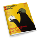 Titelbild der Zeitschrift „WirtschaftsWoche“, Ausgabe Nr. 10 vom 28. Februar 2025; gelber Hintergrund mit stilisierter schwarzer Adlerfigur mit Stahlhelm, die ein weißes Sparschwein in der Kralle hält; roter Titeltext: „Woher kommt das Geld?“; weitere sichtbare Texte: „KNAUF – Das milliardenschwere Russland-Geschäft der Gips-Dynastie“, „STABILE ERTRÄGE – Zehn Aktien mit verlässlichen Einnahmen“, „Luxussafaris – Camping in der Savanne“.