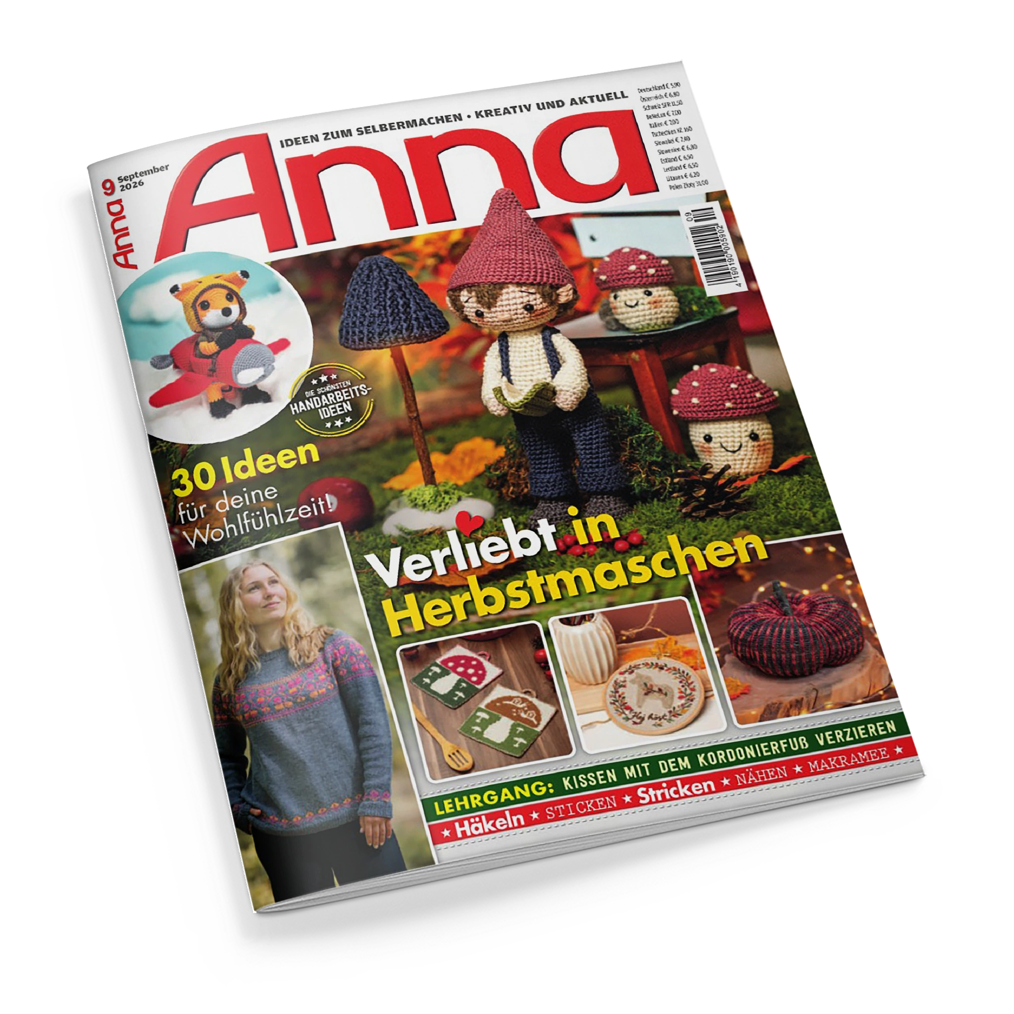 Schräg vor schwarzem Hintergrund liegendes Magazin „Anna“ mit rotem Titel und der Aufschrift „Ideen zum Selbermachen • kreativ und aktuell“. Das Cover zeigt gehäkelte Figuren mit Zipfelmützen, einen Fuchs auf einem Spielzeugflugzeug, eine weibliche Person mit langen blonden Haaren sowie Handarbeitsmotive; sichtbar sind außerdem „30 Ideen für deine Wohlfühlzeit!“, „Verliebt in Herbstnaschen“ und „Lehrgang: Kissen mit dem Kordonierfuß verzieren • Häkeln • Sticken • Stricken • Nähen • Makramee“.