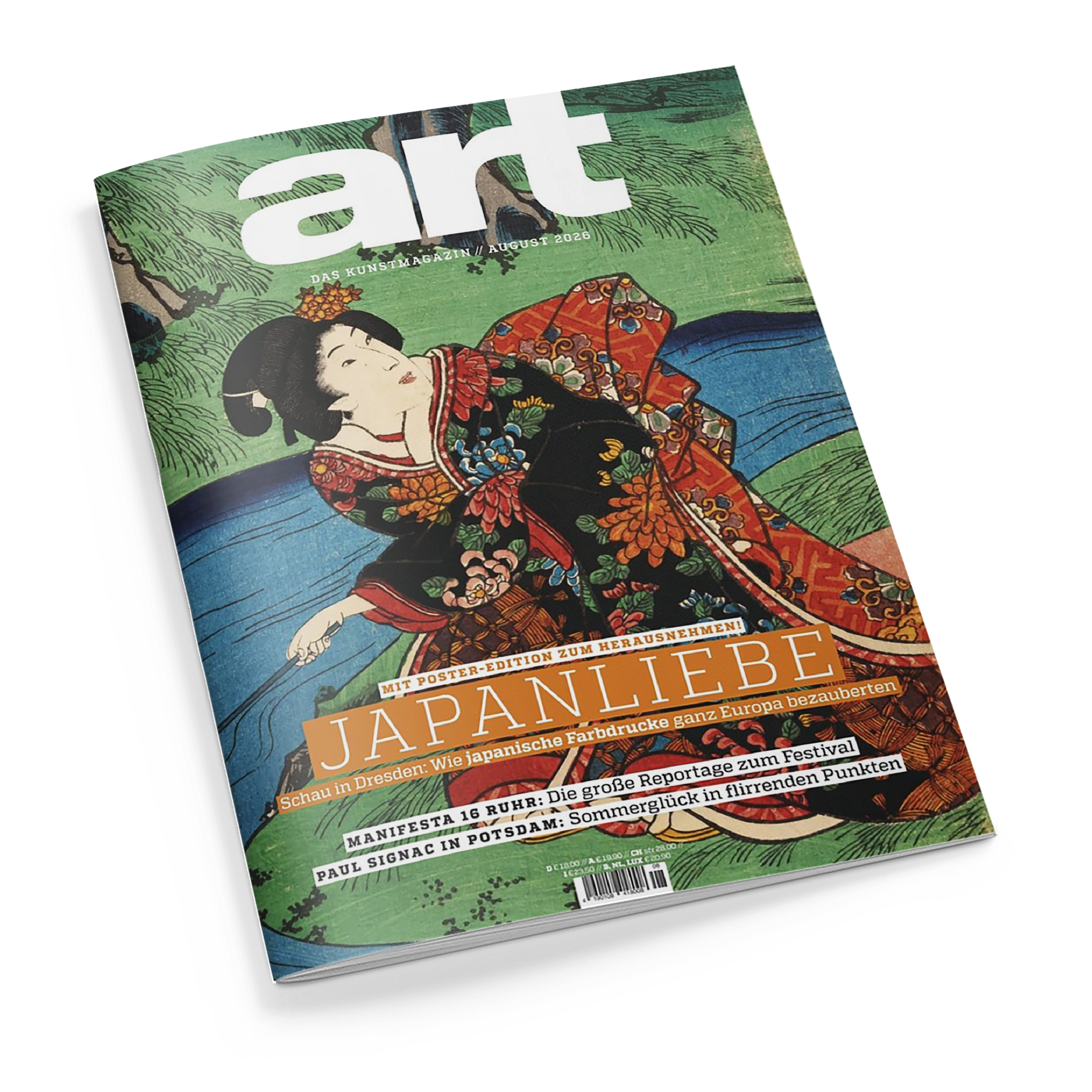Schräg fotografiertes Kunstmagazin mit grünem Cover und japanischer Farbholzschnitt-Illustration: eine weibliche Person in farbenprächtiger, floral gemusterter Kleidung liegt vor einer grünen Landschaft. Sichtbare Texte: „art“, „DAS KUNSTMAGAZIN // AUGUST 2026“, „JAPANLIEBE“, „MIT POSTER-EDITION ZUM HERAUSNEHMEN!“, „Schau in Dresden: Wie japanische Farbndrücke ganz Europa bezauberten“, „MANIFESTA 16 RUHR“ und „PAUL SIGNAC IN POTSDAM“.
