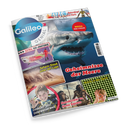 Titelblatt des Kindermagazins „Galileo Genial“ mit großem weiß-blauem Hai im Hintergrund und roter Überschrift „Geheimnisse der Meere“. Weitere sichtbare Texte: „EXTRA: Hai-Anatomie“, „Sahara-Staub unter der Lupe“, „Neandertaler vs. Homo Sapiens“, „Entdecker der Unterwasserwelt“, „Knick in der Optik“ und „MEGA: HAI-FIGUR“. Mehrere Fotos und Grafiken zeigen Kinder, Wüstenszenen, Urmenschen sowie wissenschaftliche Illustrationen.
