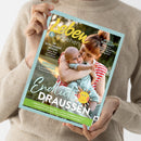 Titelblatt der Zeitschrift „Leben & erziehen“ mit dem Untertitel „Das Eltern-Magazin“. Auf dem Cover hält eine rothaarige erwachsene Person mit Dutt ein Baby im Arm und küsst es auf den Kopf. Hauptschriftzug: „Endlich DRAUSSEN“ mit einer kleinen Sonne als Symbol. Weitere Texte: „Im Schlummer-Modus – Dieser Trick hilft beim Einschlafen“, „Ordnung schaffen – So bekommt ihr das Chaos in den Griff“ und Themen zu Sommer, Familie und Freizeit.
