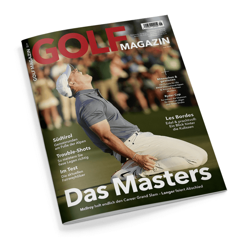 Titelbild des „GOLF MAGAZIN“, Ausgabe 6/2025, zeigt einen jubelnden männlichen Golfer im hellblauen Poloshirt und weißer Hose auf grünem Rasenplatz im Profil, mit zurückgelegtem Kopf und weißem Cap. Schlagzeilen u. a.: „Das Masters – McIlroy holt endlich den Career Grand Slam“, „Südtirol – Genussrunden am Fuße der Alpen“, „Trouble-Shots“, „Im Test – Die aktuellen Fairwayhölzer“, „Mitmachen & gewinnen“, „Ryder Cup“, „Les Bordes“.
