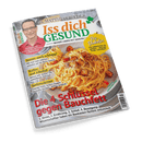 Titelbild der Zeitschrift „Iss dich GESUND“ Ausgabe 02/2025 mit Porträt eines lächelnden, Brille tragenden Mannes in rotem Hemd oben links, große Nahaufnahme eines Tellers mit Spaghetti und gewürfeltem Gemüse mittig, Haupttitel in Rot: „Die 4 Schlüssel gegen Bauchfett“, weitere Themen: „Immer noch schlapp?“, „Kaffee und Alkohol“, „Seelenwärmer“, gelbes Feld rechts oben mit „Prä-Diabetes“, Logo: Dr. Matthias Riedl.