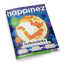 Titelbild der Zeitschrift „Happinez – Das Mindstyle Magazin“, mit einer Illustration einer langhaarigen weiblichen Figur mit goldfarbenem Schmuck vor einem stilisierten Sonnenkreis, umgeben von floralen Mustern in Blau- und Violetttönen; mittig groß gesetzt der Titel „Seelenstärke – Erinnere Dich daran, wer Du wirklich bist“, weitere Textfelder u. a.: „Bilder und Guide für Dein Vision Board 2025“, „Gelassenheit“, „Astrologie“, „Geborgenheit“ und „Spirituelles Fasten für Körper und Geist“.