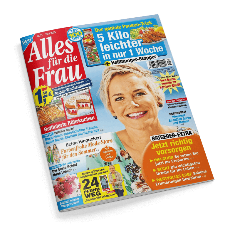 Titelbild der Frauenzeitschrift „Alles für die Frau“ vom 16.5.2025, mittig eine lächelnde blonde Frau in heller Blumenkleidung vor blauem Hintergrund; Schlagzeilen u. a.: „5 Kilo leichter in nur 1 Woche“, „Jetzt richtig vorsorgen“, „Raffinierte Rührkuchen“, „24 Pfund weg“, „Der beste Schlaf Ihres Lebens“, „Farbenfrohe Mode-Stars für den Sommer“ sowie ein Star-Interview mit Inka Bause.