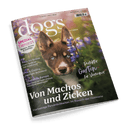 Titelbild der Zeitschrift „dogs – Vom Glück, mit Hund zu leben“, Ausgabe Mai/Juni 2025, zeigt einen braun-weiß gefärbten Welpen mit blauen Augen zwischen lila Blüten vor unscharfem grünen Hintergrund; zentrale Schlagzeile: „Von Machos und Zicken – Vierbeinige Persönlichkeiten im Rausch der Hormone“, weitere Texte: „Perfekter Garten für Vierbeiner“, „SPEZIAL Tierarzt – Kosten, Stress & Notfälle“, „Raus ins Grüne“, „Pro & Contra Tierschutz im Ausland“, „Checkliste Europa“.
