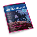 Schräg fotografiertes Magazin „BILD DER WISSENSCHAFT“ mit blauem Cover, pinkem Rand und weißem Seitenblock. Das Titelbild zeigt mehrere durchscheinende, verzweigte Strukturen über einer rötlich-braunen Oberfläche; sichtbare Texte: „Unser Immunsystem“, „Bestäuber“, „Limes“, „Smart Home“ und „Im Fokus: Monde mit Tiefenmeeren: Verbergen sich dort exotische Lebensformen?“.