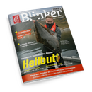 Schräg dargestelltes Cover der Angelzeitschrift „Blinker“ mit rotem Fischlogo und weißem Schriftzug „Europas Angelzeitschrift“ vor schwarzem Hintergrund. Ein Mann in dunkler Kleidung und roter Schwimmweste hält in einem Boot einen großen dunklen Heilbutt vor Berg- und Wasserlandschaft; sichtbar sind außerdem „Heilbutt“, „Norwegens spannendster Räuber“, „Fliegenfischen: Bachforelle ‚trocken‘ fangen“ und „Hotspots im Fluss“.