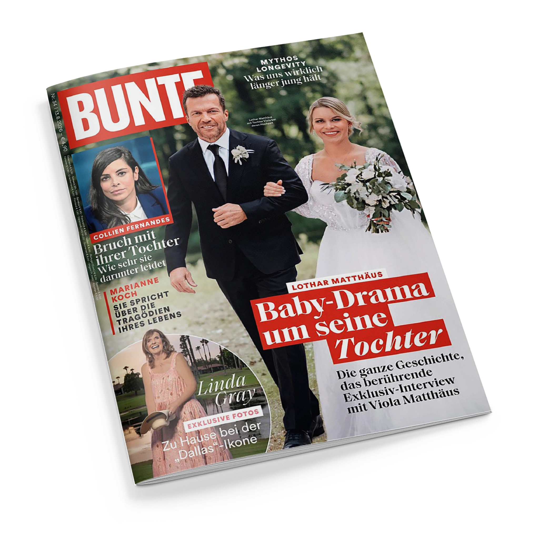 Schräg fotografiertes BUNTE-Magazin mit rotem Titelbalken und weißer Schrift auf schwarzem Hintergrund. Auf dem Cover stehen eine männliche Person im schwarzen Anzug mit Blumenanstecker und eine weibliche Person im weißen Brautkleid mit Blumenstrauß; weitere Texte lauten „Mythos Longevity“, „Was uns wirklich länger jung hält“, „Baby-Drama um seine Tochter“, „Collien Fernandes“ und „Linda Gray“.