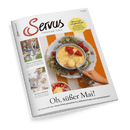 Titelbild der Zeitschrift „Servus – einfach gut leben“ mit einer Nahaufnahme von Vanilleeis in einer blauen Schüssel, garniert mit frischen Erdbeeren, auf einem mit Gräsern dekorierten Tablett; daneben eine rechte Hand mit Eiskugelportionierer; Schlagzeile: „Oh, süßer Mai!“, weitere Texte: „Wie werde ich glücklich?“, „Wohnen im Dreiseithof“, „Heimat im Quadrat“.
