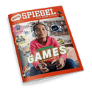 Titelbild des Magazins „Dein SPIEGEL“ mit orangefarbenem Rand und dem Schriftzug „Durch Wissen wachsen“; im Zentrum ein Kind mit dunkler Haut, lockigen Haaren, rosa Pullover, Kopfhörer und Gamecontroller in der Hand, darüber der Text „DIE BESTEN GAMES – FÜR EUCH GETESTET“, umgeben von Comic- und Videospiel-Figuren; links Aufmacher mit Fotos und Texten: „Die Weltrekordlerin“, „GEHEIMAKTION: Wir flüchten auf“.
