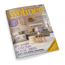 Titelbild der Zeitschrift „zuhause wohnen“, Ausgabe Nr. 1–2 Januar/Februar 2025, mit Wohnzimmermotiv: graues Sofa mit bunten Kissen, runder Couchtisch aus Holz, beige Teppich und Wanddekoration vor pastellfarbener Wand. Schlagzeilen u. a.: „18 Sofas für kleine Räume“, „Die große Trendschau 2025“, „Dekorieren mit Tulpe, Ranunkel & Co“, „Farbe tut gut“, „Vorher-Nachher – eine einfache Holzhütte wird zum Tiny House“, „Lust auf einen frischen Look?“.