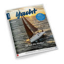 Titelbild des Magazins „Yacht“ mit großem blauen Schriftzug „Yacht“ vor einem Sonnenuntergang über dem Meer; im Vordergrund ein weißes Segelboot mit braunen Segeln auf bewegtem Wasser. Textausschnitte: „Segel-Influencer“, „Ostsee“, „Endlich Eigner“, „Kleinkreuzer-Refit“ und Hauptzeile „Ab auf die Welle!“. Layout in maritimen Farben mit weißer Schrift auf blaugolden schimmerndem Hintergrund.