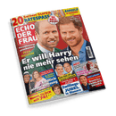 Titelbild der Zeitschrift „Echo der Frau“ mit zwei großformatigen Porträts zweier lächelnder Männer vor rotem Hintergrund, Text: „Er will Harry nie mehr sehen – Versöhnung gescheitert – Prinz William“. Weitere Schlagzeilen: „Endlich wieder Hoffnung“, „Zwillings-JUBEL in Monaco“, „Freddy Quinn: Dunkles Familien-Drama“, farblich betonte Hinweise auf Rätselspaß, Geldgewinn, Rezepte und Promi-Themen, dominierende Farben: Rot, Gelb, Blau und Weiß.