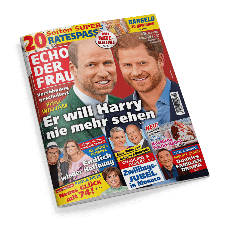 Titelbild der Zeitschrift „Echo der Frau“ mit zwei großformatigen Porträts zweier lächelnder Männer vor rotem Hintergrund, Text: „Er will Harry nie mehr sehen – Versöhnung gescheitert – Prinz William“. Weitere Schlagzeilen: „Endlich wieder Hoffnung“, „Zwillings-JUBEL in Monaco“, „Freddy Quinn: Dunkles Familien-Drama“, farblich betonte Hinweise auf Rätselspaß, Geldgewinn, Rezepte und Promi-Themen, dominierende Farben: Rot, Gelb, Blau und Weiß.