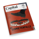 Rotes, schräg abgebildetes Magazincover „Capital“ mit dem Untertitel „WIRTSCHAFT IST GESELLSCHAFT“, schwarzem Schuh über einer kreisförmigen Häuserzeile sowie den Texten „DIE VERMIETERFALLE“, „CHINA-GEFAHR – Die große Warenflut kommt“ und „AKTIVE FONDS – Exklusives Ranking der besten Anbieter“. Unten steht: „Abrechnungen, Bürokratie, Sanierungen: Viele Vermieter denken ans Aufgeben. Was gegen die Überforderung hilft – und was droht, wenn der Mietermarkt kippt“.