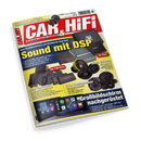 Schräg fotografiertes Cover der Zeitschrift „CAR&HIFI“ auf schwarzem Hintergrund mit rotem, gelbem und blauem Layout. Abgebildet sind mehrere schwarze Autoverstärker, Lautsprecher, Subwoofer und ein Touchscreen-Radio; sichtbare Texte: „Schalldruck gefällig?“, „Sound mit DSP“, „Mini Endstufen“, „Edle Lautsprecher“, „Bass extrem“ und „Großbildschirm nachgerüstet“.