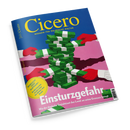 Schräg fotografiertes Magazincover „Cicero“ mit dem Untertitel „Magazin für politische Kultur“: Ein Stapel grüner Geldbündel mit Aufschriften „100 EURO“ wird von mehreren roten Händen gehalten. Blauer und pinker Hintergrund, große weiße Überschrift „Einsteuer…“ sowie der Text „Wie der deutsche Sozialstaat das Land an seine Grenzen bringt“; gelber Kreis mit „Sehnsucht oder Albtraum? Großbritannien streitet über die Abkehr vom Brexit“.