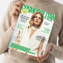Eine Person hält ein schräg ausgerichtetes Magazin mit grün-weißem „GLAMOUR“-Schriftzug und dem Text „THE MONEY ISSUE“ vor einem beigen Strickpullover. Das Cover zeigt eine blonde Frau in weißer Kleidung sowie die Aufschriften „Charis-ma? Charis-me!“, „FULL FACE LOOKS“, „Girls just wanna have fonds!“ und „ES GEHT IN DIE VERLÄNGERUNG!“.
