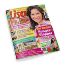 Titelbild der Frauenzeitschrift „Lisa“ mit einer lächelnden Frau mit braunem, welligem Haar vor pink-gelbem Hintergrund; Schlagzeilen unter anderem: „Kuchenträume mit Himbeeren“, „Die besten Hunger-Stopper – 10 Lebensmittel, die dauerhaft satt und schlank machen“, „Das große Outdoor-Glück“, „Mode-Liebling T-Shirt“, „Ist mein Körper intolerant?“ sowie „Omis Anti-Stress-Geheimnisse“.