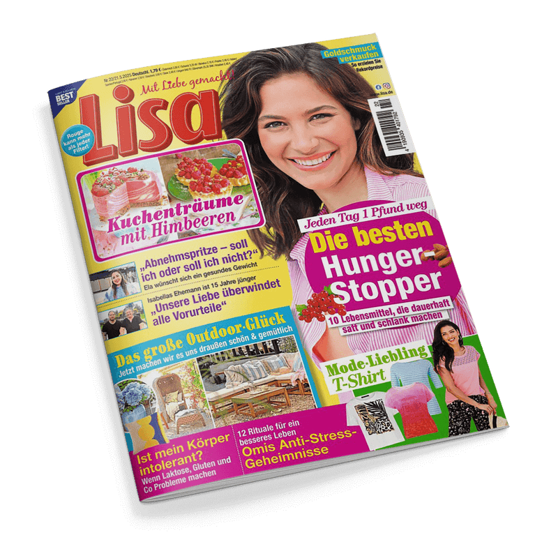 Titelbild der Frauenzeitschrift „Lisa“ mit einer lächelnden Frau mit braunem, welligem Haar vor pink-gelbem Hintergrund; Schlagzeilen unter anderem: „Kuchenträume mit Himbeeren“, „Die besten Hunger-Stopper – 10 Lebensmittel, die dauerhaft satt und schlank machen“, „Das große Outdoor-Glück“, „Mode-Liebling T-Shirt“, „Ist mein Körper intolerant?“ sowie „Omis Anti-Stress-Geheimnisse“.