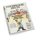 Titelbild der Zeitschrift „Psychologie Heute“, Ausgabe Juli 2025, mit schwarzem Logo oben auf beigem Hintergrund; zentrale Illustration zeigt sechs abstrahierte, gestikulierende Menschen sowie eine Katze, ergänzt durch die große Überschrift „Mit schwierigen Menschen leichter leben“ und kleinere Textzeilen u. a.: „Brücken bauen, Grenzen setzen, Kontakt abbrechen?“, „Schlaf – Wenn er zur Obsession wird“, „Essstörungen bei Männern oft übersehen“ und „Fans – In Leidenschaft verbunden“.