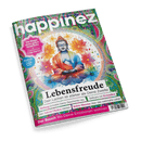 Titelbild der Zeitschrift „Happinez“ mit einer bunten, grafisch illustrierten Buddha-Figur im Lotussitz vor mandalaartigem Hintergrund mit stilisierten Blumen in Orange, Pink und Blau. Zentrale Texte: „Lebensfreude – Dein Lachen ist stärker als Deine Zweifel“, „Heilung“, „Selfcare mit Kristallen“, „Robin Sharma über das wahrhafte Leben“, „Der Bauch – Wo Deine Emotionen wohnen“, „Workbook für eine erfüllte Seele“.