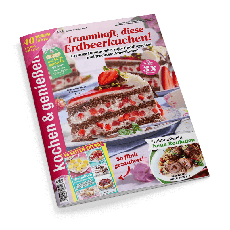 Titelbild der Zeitschrift „Kochen & genießen“ mit großem Foto einer Schwarzwälder Erdbeertorte auf weißem Teller; darüber Text: „Traumhaft, diese Erdbeerkuchen!“. Daneben kleinere Abbildungen von weiteren Erdbeerkuchen. Linker Rand mit rotem Balken und weißem Logo „Kochen & genießen“. Unten rechts Bild mit angerichteten Rouladen, beschriftet mit „Frühlingsleicht Neue Rouladen“. Mehrere Vorschau-Bilder und Texte zu Rezeptideen wie „So flink gezaubert!“ und „16 Seiten extra“.