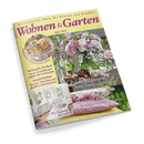 Titelbild der Zeitschrift „Wohnen & Garten“ März 2025 mit gelbem Hintergrundband und violett-pinker Schrift, zentral ein großer Glasvase mit rosa-weißen Blumen auf Holztisch, umgeben von Dekoelementen; runde Abbildung mit Hefeteig-Gebäck, unten weitere Themenbilder zu weißen Wohnräumen und Outdoor-Textilien; Aufschriften u. a.: „Farb­tupfer im Beet“, „Modul-Küchen“, „Zarte Blüten“, „Outdoor-Textilien“ und „Ein Zuhause ganz in Weiß“.