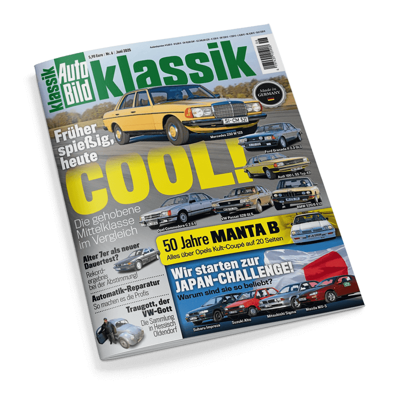 Titelbild der Zeitschrift „Auto Bild Klassik“, Ausgabe Nr. 6 vom Juni 2025, mit einem gelben Mercedes 230 W123 und sechs weiteren Mittelklasseautos der 1970er und 1980er Jahre, darunter Ford Granada, Audi 100, Opel Commodore, VW Passat, BMW 520; große gelbe Aufschrift „COOL!“, weitere Schlagzeilen: „50 Jahre Manta B“, „Japan-Challenge“ mit vier japanischen Fahrzeugen, „Alter Ters als neuer Dauertest“, „Automatik-Reparatur“, „Traugott, der VW-Gott“.