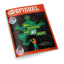 Schräg abgebildetes rotes Magazincover „DEIN SPIEGEL“ mit schwarzer Bildfläche, farbigen Leiterbahnlinien, grünem Roboter und einer illustrierten weiblichen Person mit roten Haaren. Sichtbare Texte: „Durch Wissen wachsen“, „Wer bestimmt, was KI darf?“, „Von Fake News bis Fake Freunde – warum wir jetzt Kluge Regeln brauchen“, „IM INTERVIEW Zehnkämpfer Leo Neugebauer“ und „IM SATTEL Viktoria Huld, 13, trainiert Pferde“.