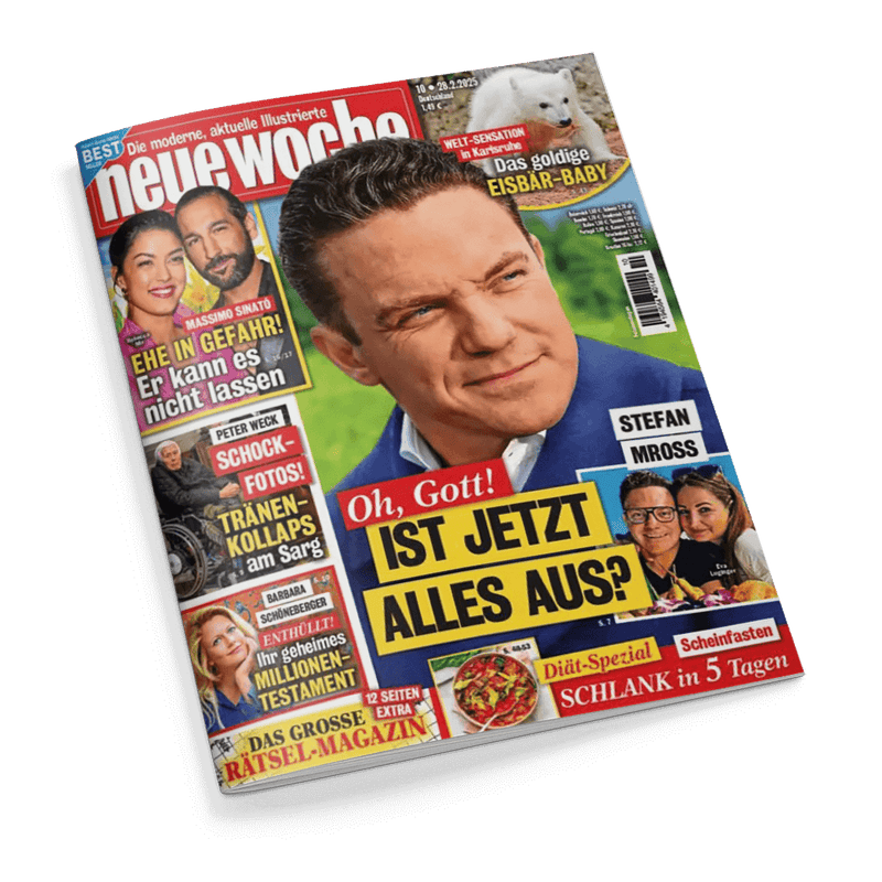 Titelbild der Zeitschrift „neue woche“, Ausgabe Nr. 10 vom 28. Februar 2025, mit großem Porträt eines dunkelhaarigen Mannes im blauen Sakko; zentrale Schlagzeile: „Oh, Gott! IST JETZT ALLES AUS?“; weitere Texte: „STEFAN MROSS“, „EHE IN GEFAHR! Er kann es nicht lassen“, „SCHOCK-FOTOS“, „TRÄNEN-KOLLAPS am Sarg“, „ENTHÜLLT! Ihr geheimes MILLIONEN-TESTAMENT“, „SCHLANK in 5 Tagen“, „Das große RÄTSEL-MAGAZIN“, „Das goldige EISBÄR-BABY“; mehrere kleine Fotos von Personen und ein Eisbär-Junges oben rechts.