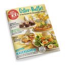 Titelbild der Zeitschrift „meine Familie & ich“, Ausgabe mit Schwerpunkt „Oster-Buffet – 12 Top-Rezepte für den Familien-Brunch“. Im Fokus stehen angerichtete Speisen auf weißen Etageren und Tellern, darunter dekorierte Schokoladen-Gugelhupfs, eine Gemüse-Quiche, ein gemischter Salatteller mit halbierten gekochten Eiern, überbackene Steaks und kleine Brötchen mit Kräutersoße. Schlagzeilen u. a.: „Käsekuchen“, „Schnelles mit Bärlauch“, „Tapas“, „Am liebsten mit viel Sauce“.